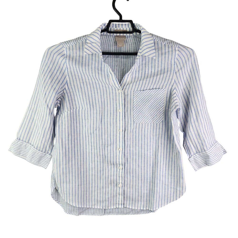 Womens Chicos Striped Shirt Blouse Button Up 100% Linen 3/4 Sleeve Size 1 (S)
